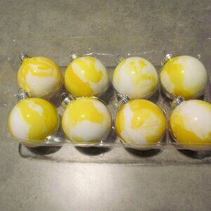 8 Marbled Glass Christmas Ornaments Yellow and white Handmade